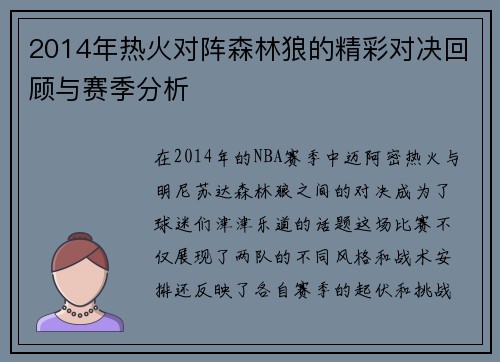 2014年热火对阵森林狼的精彩对决回顾与赛季分析