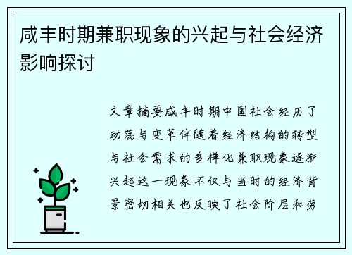 咸丰时期兼职现象的兴起与社会经济影响探讨