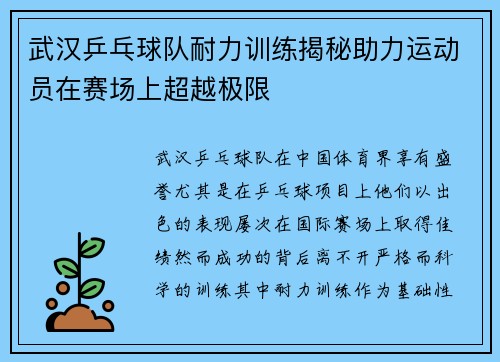 武汉乒乓球队耐力训练揭秘助力运动员在赛场上超越极限