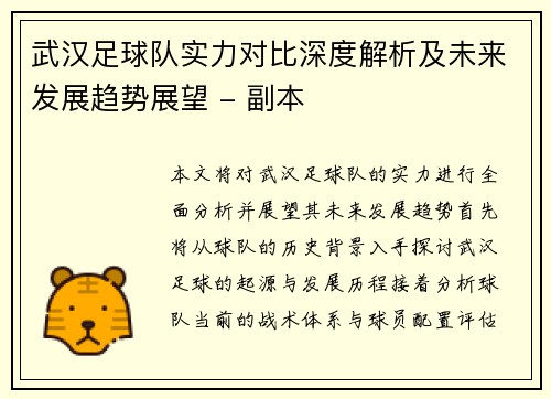 武汉足球队实力对比深度解析及未来发展趋势展望 - 副本
