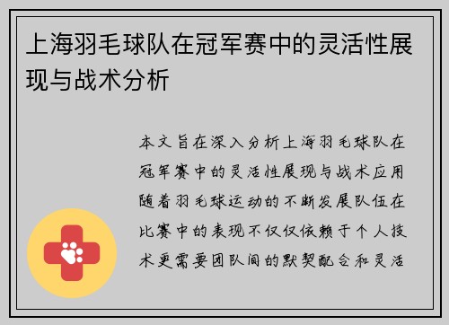 上海羽毛球队在冠军赛中的灵活性展现与战术分析